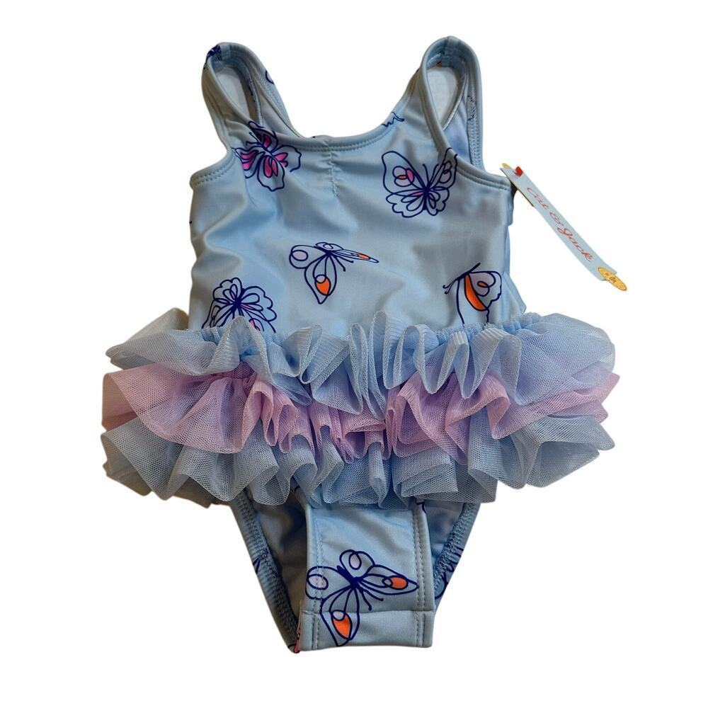 New Cat & Jack Baby Girl Blue Butterfly Bathing Suit sz 12 m One Piece Swimsuit